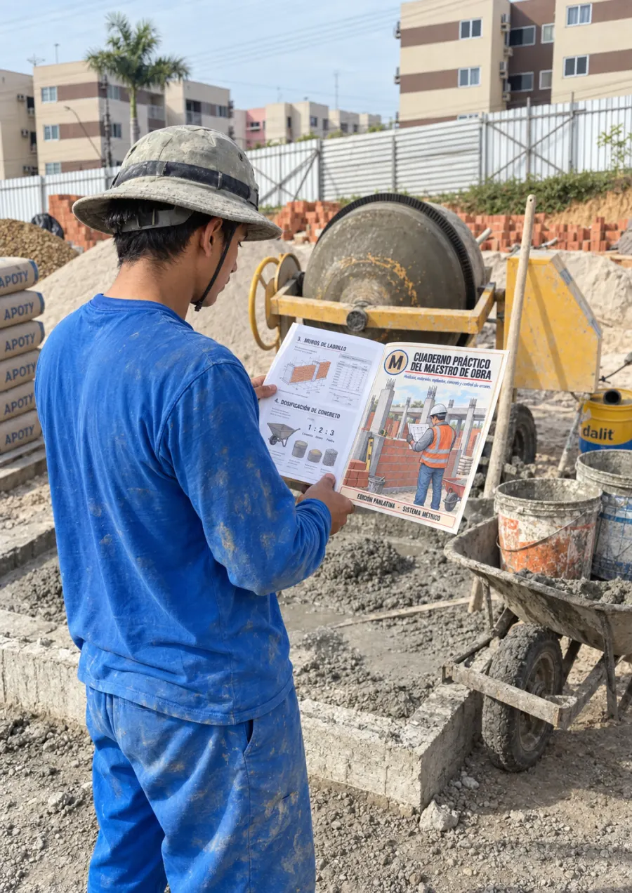 Maestro de obra consultando el cuaderno impreso junto a una mezcladora
